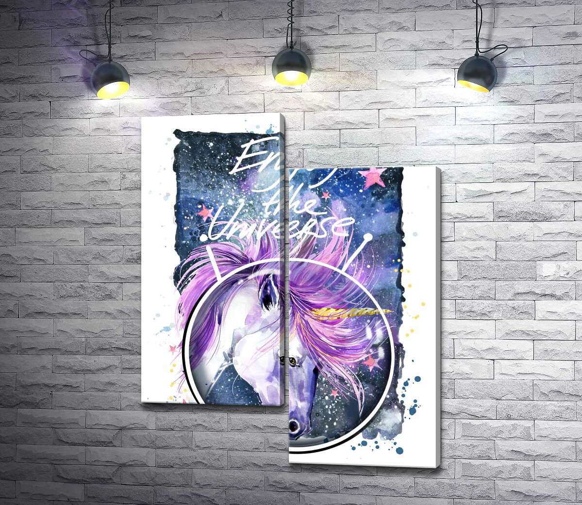 

Модульная картина ArtPoster Белый единорог в шлеме среди космоса с надписью "Enjoy the Universe" 130x167 см Модуль №5