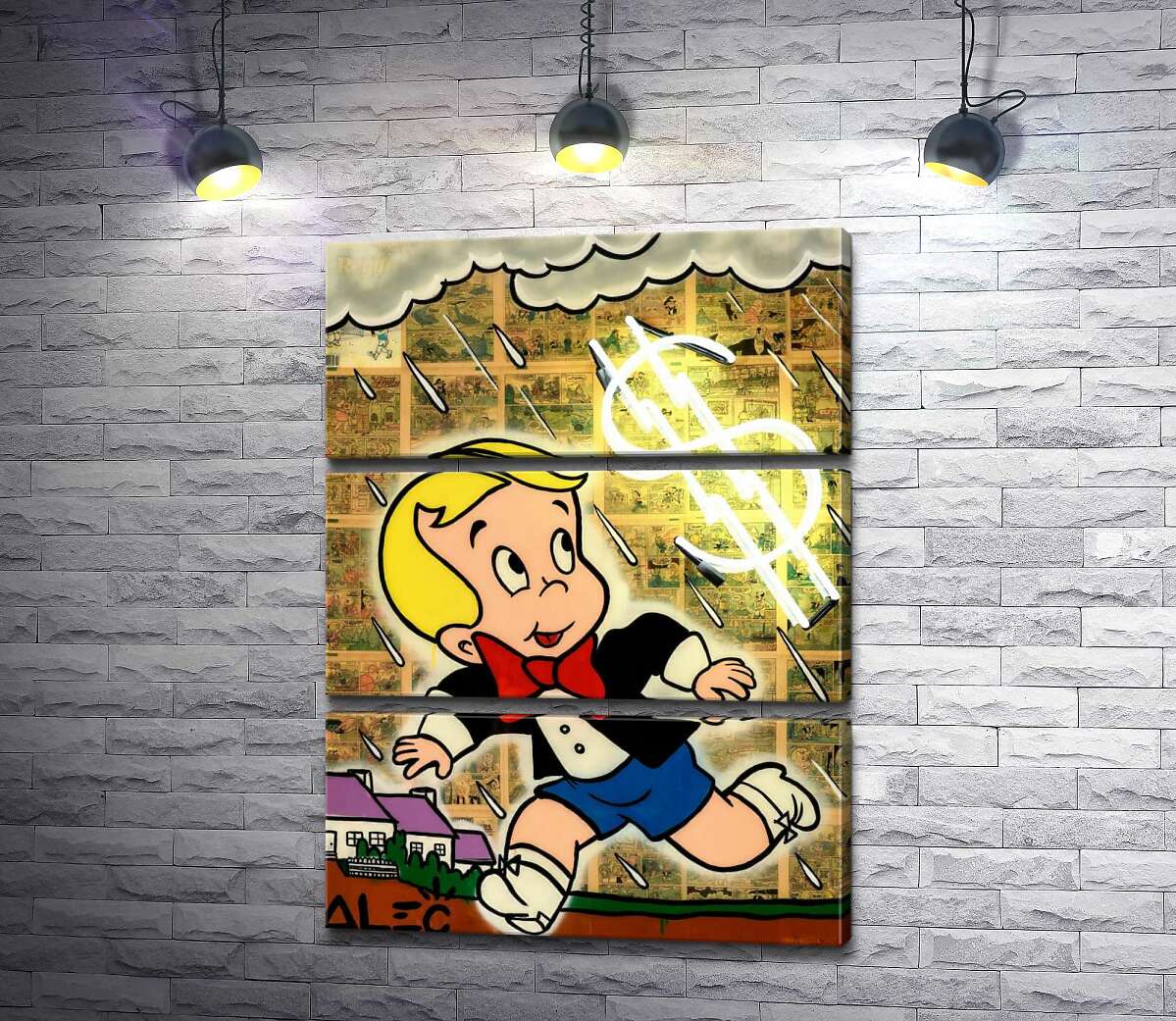 

Модульная картина ArtPoster Богатенький Ричи бежит от дождя (Richie Rich run away from rain) - Алек Монополи (Alec Monopoly) 50x69 см Модуль №13
