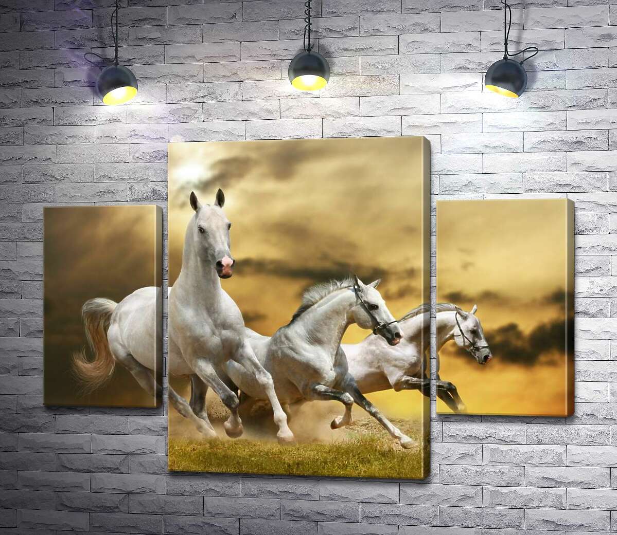 

Модульная картина ArtPoster Быстрый галоп трех белых коней 131x94 см Модуль №7