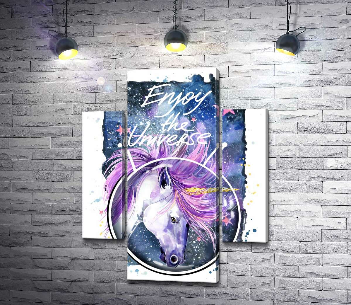 

Модульная картина ArtPoster Белый единорог в шлеме среди космоса с надписью "Enjoy the Universe" 100x129 см Модуль №7