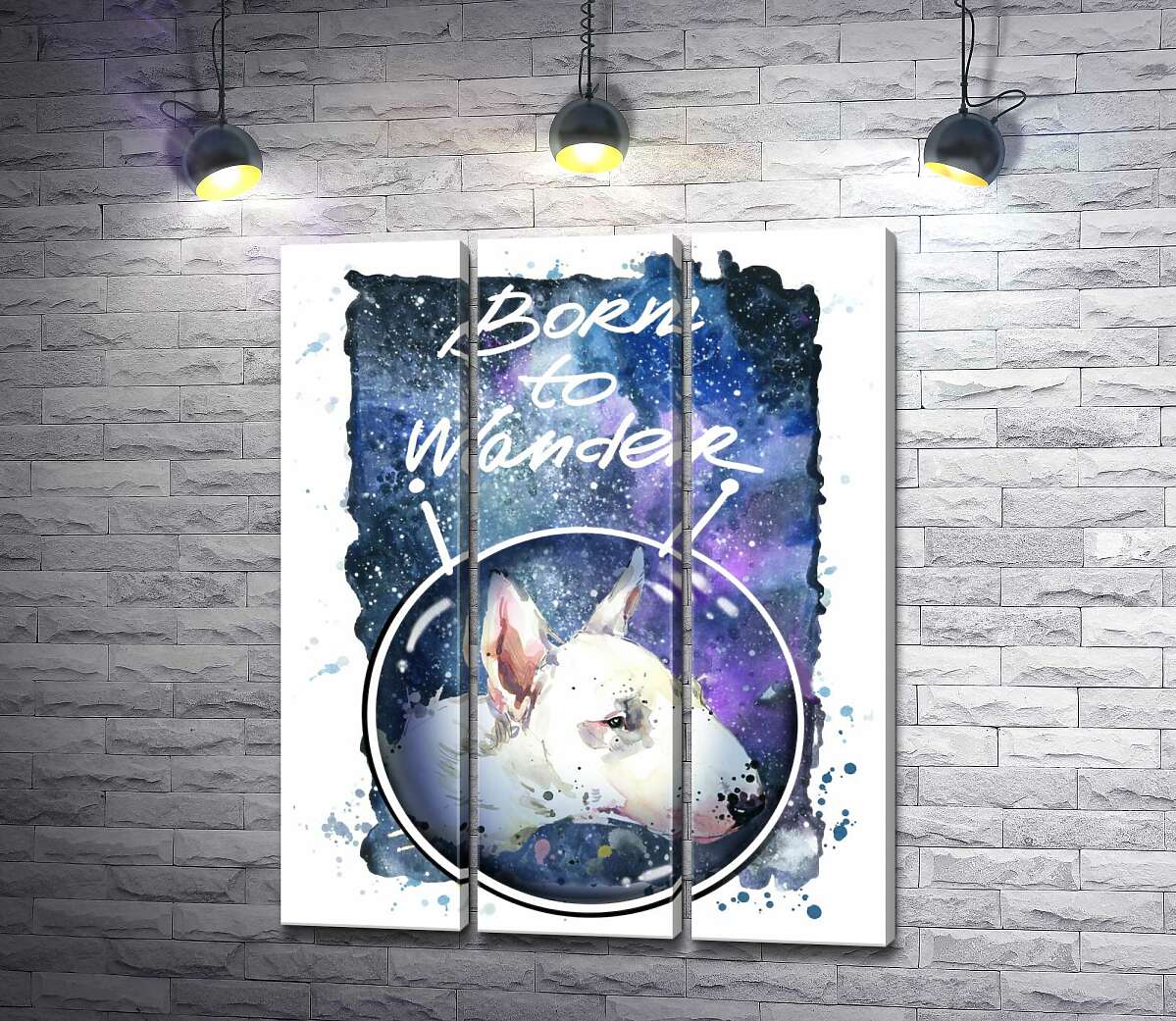 

Модульная картина ArtPoster Белый бультерьер в шлеме космонавта под надписью "born to wander" 102x128 см Модуль №11