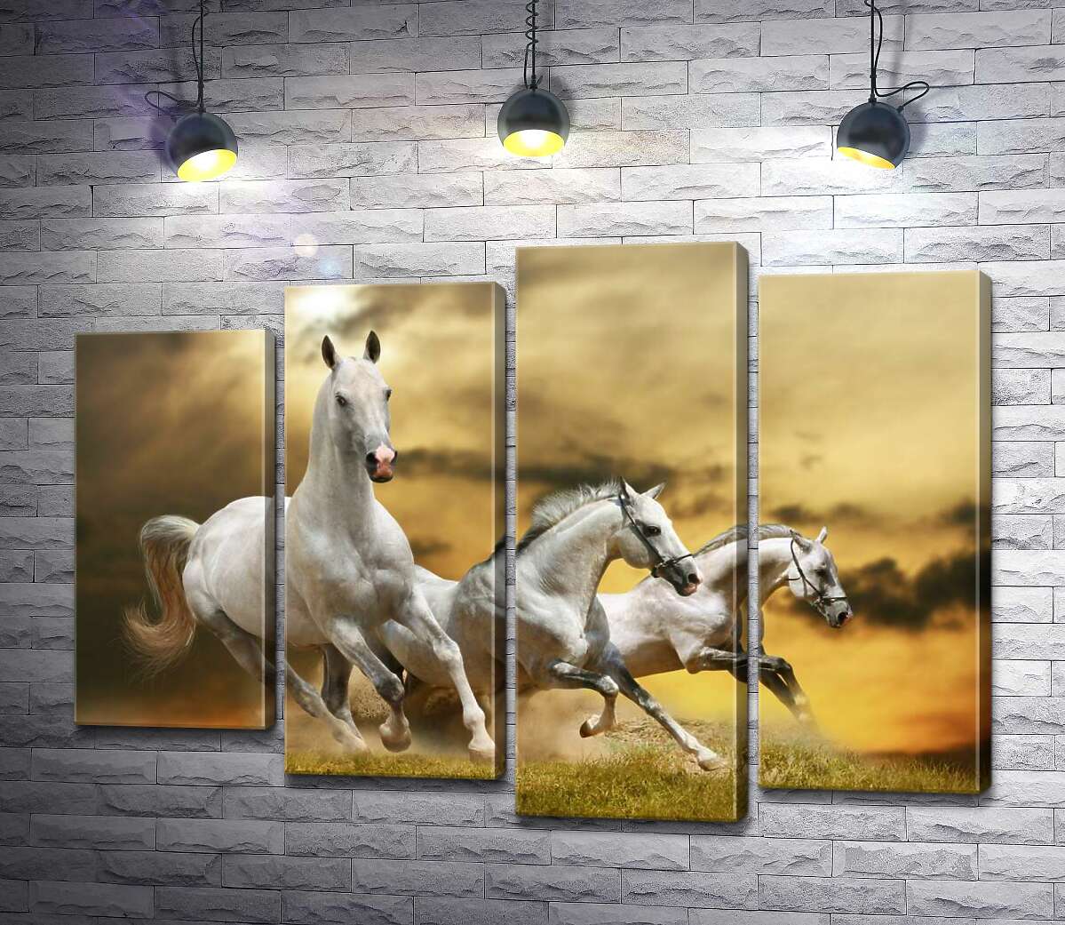 

Модульная картина ArtPoster Быстрый галоп трех белых коней 132x94 см Модуль №21