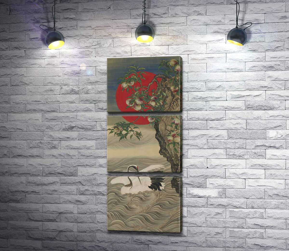 

Модульная картина ArtPoster Благоприятные символы: журавль, восходящее солнце и персики (Auspicious Symbols: Crane, Rising Sun and Peach) - Окамото Сюки (Okamoto Shuki) 130x300 см Модуль №13