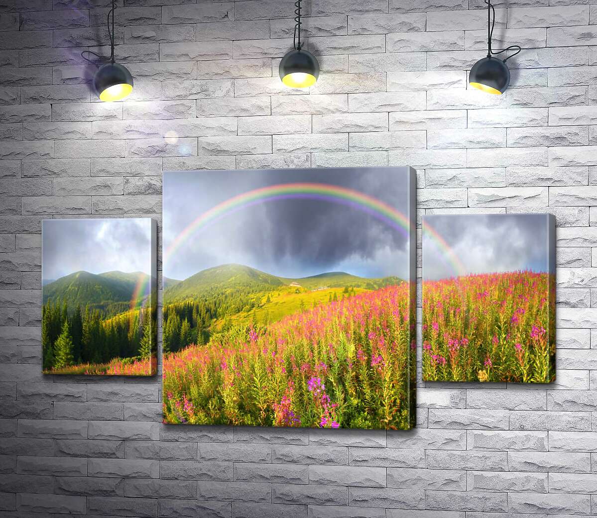 

Модульная картина ArtPoster Волшебный полукруг радуги возвышается над горным полем вереска 131x75 см Модуль №7