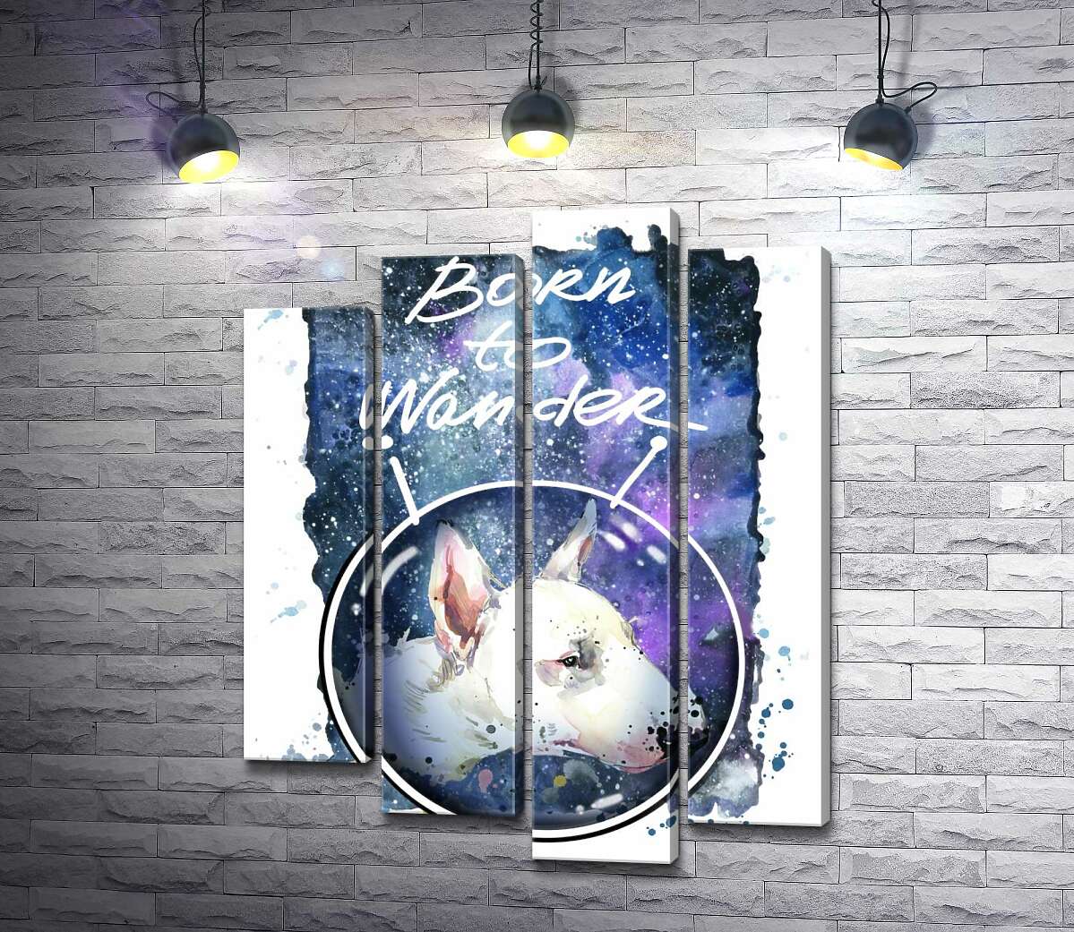 

Модульная картина ArtPoster Белый бультерьер в шлеме космонавта под надписью "born to wander" 132x168 см Модуль №21