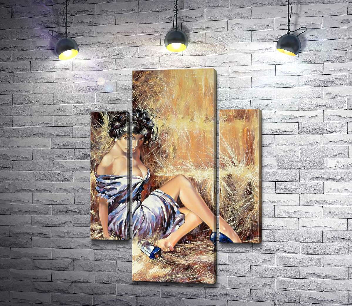 

Модульная картина ArtPoster Брюнетка в соблазнительном платье отдыхает на сене 131x184 см Модуль №7