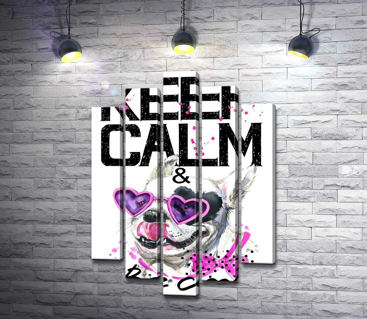 

Модульная картина ArtPoster Веселый бульдог в розовых очках и бантике среди надписи "keep calm and be cool" 100x148 см Модуль №26