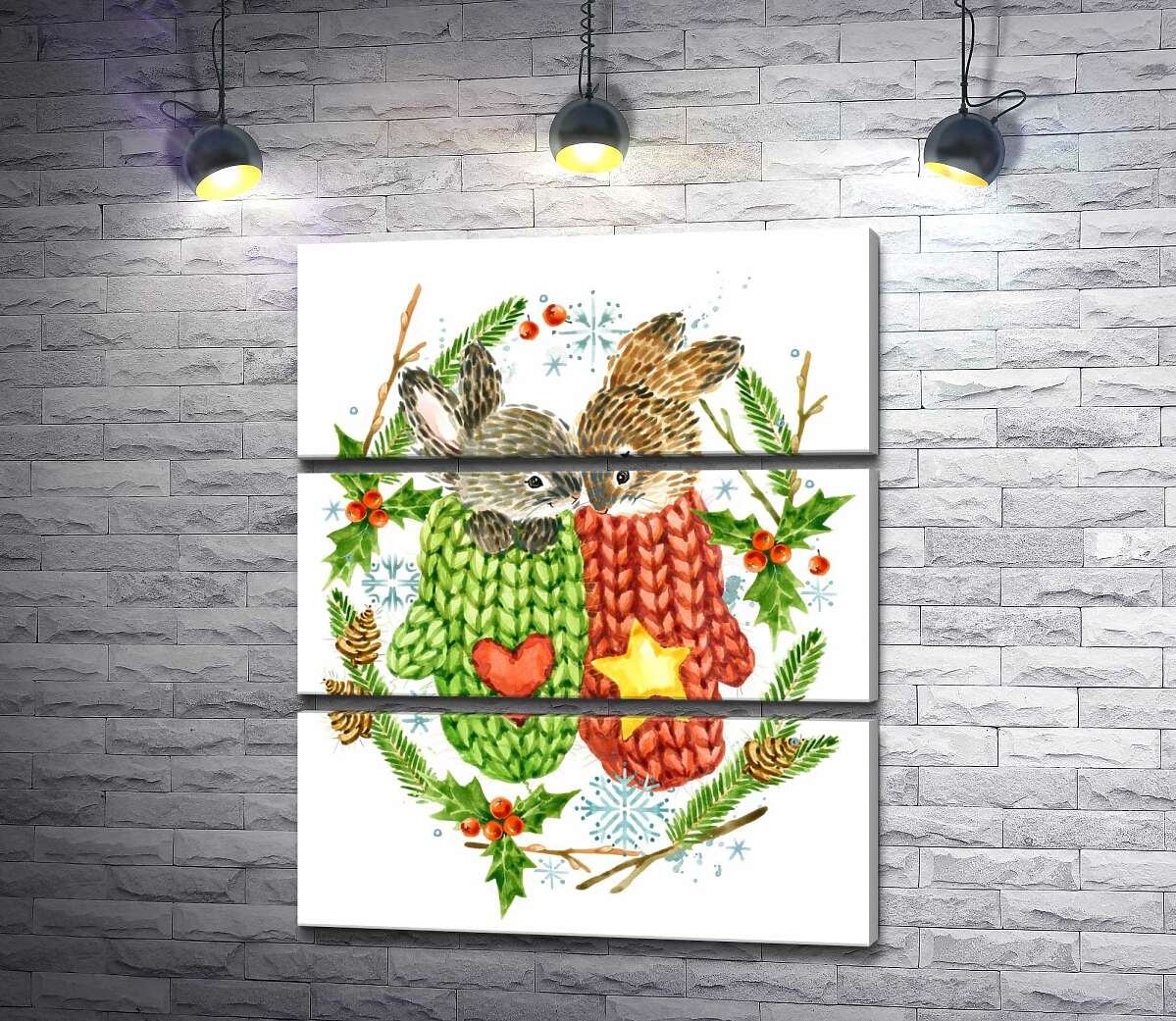

Модульная картина ArtPoster Венок из елки и остролиста окружил зайцев в вязаных свитерах 130x159 см Модуль №13