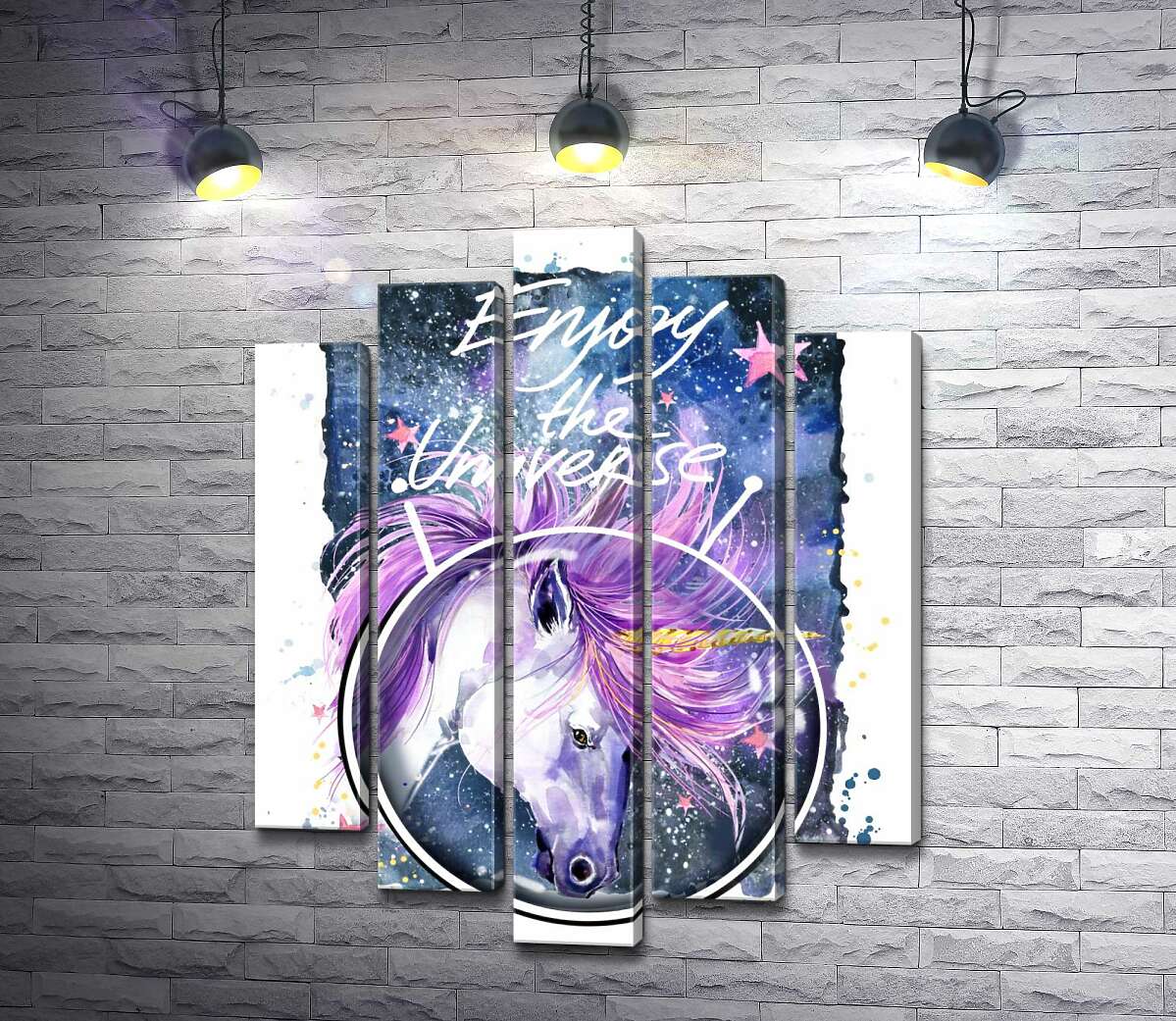 

Модульная картина ArtPoster Белый единорог в шлеме среди космоса с надписью "Enjoy the Universe" 130x168 см Модуль №26