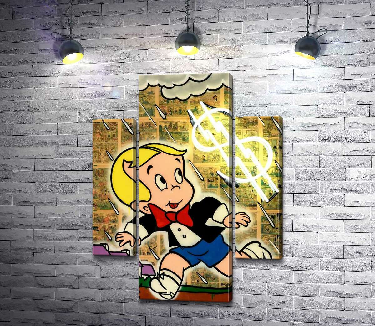 

Модульная картина ArtPoster Богатенький Ричи бежит от дождя (Richie Rich run away from rain) - Алек Монополи (Alec Monopoly) 131x175 см Модуль №7