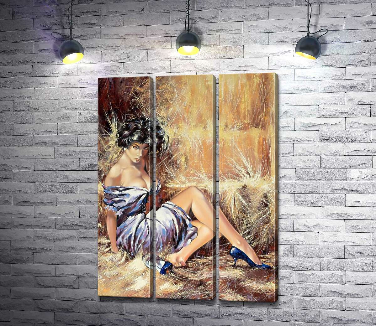 

Модульная картина ArtPoster Брюнетка в соблазнительном платье отдыхает на сене 132x182 см Модуль №11