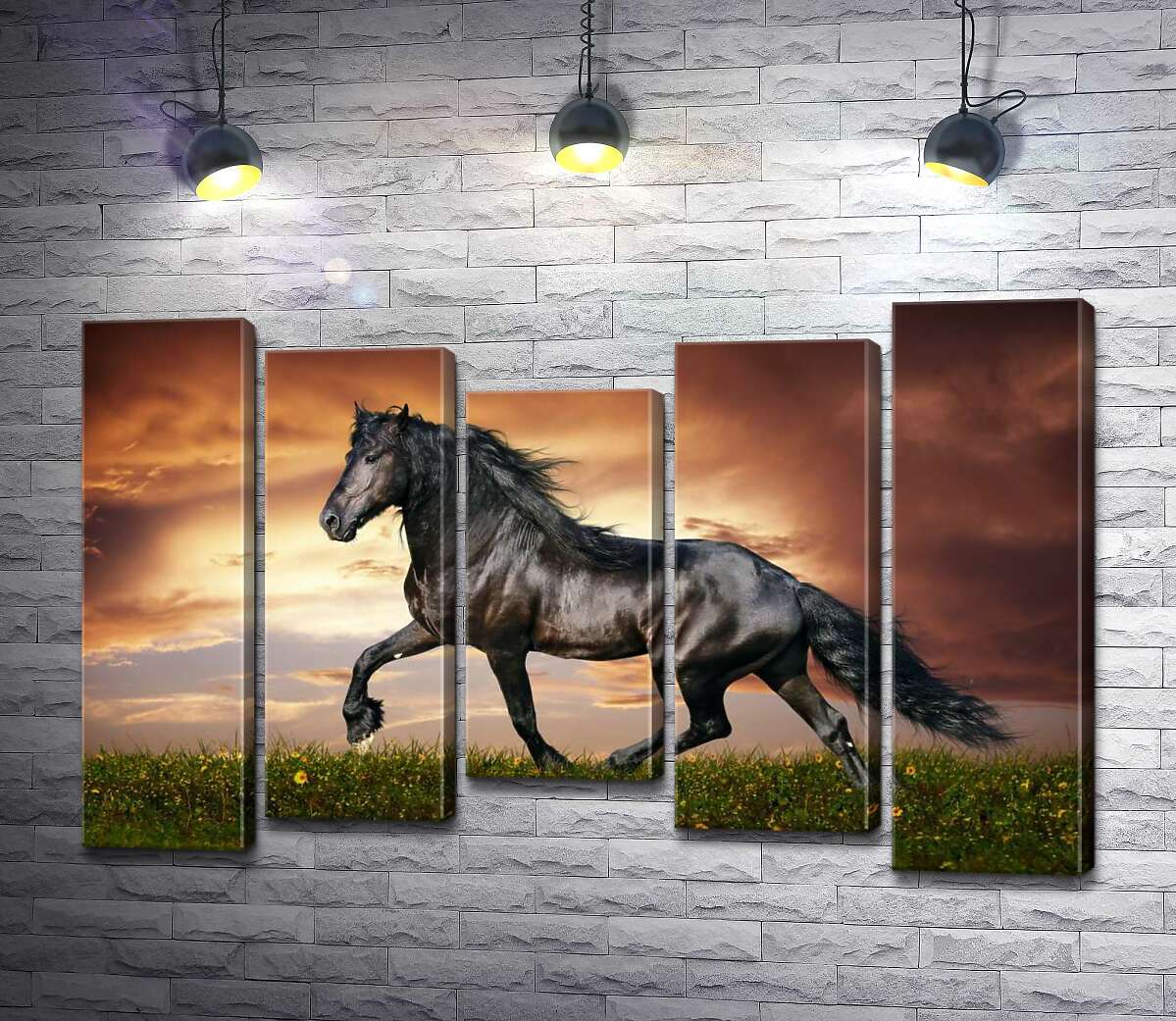 

Модульная картина ArtPoster Вороной конь скачет по зеленой траве на фоне грозовых облаков 130x86 см Модуль №28