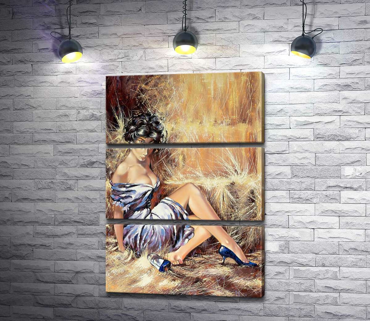 

Модульная картина ArtPoster Брюнетка в соблазнительном платье отдыхает на сене 130x183 см Модуль №13