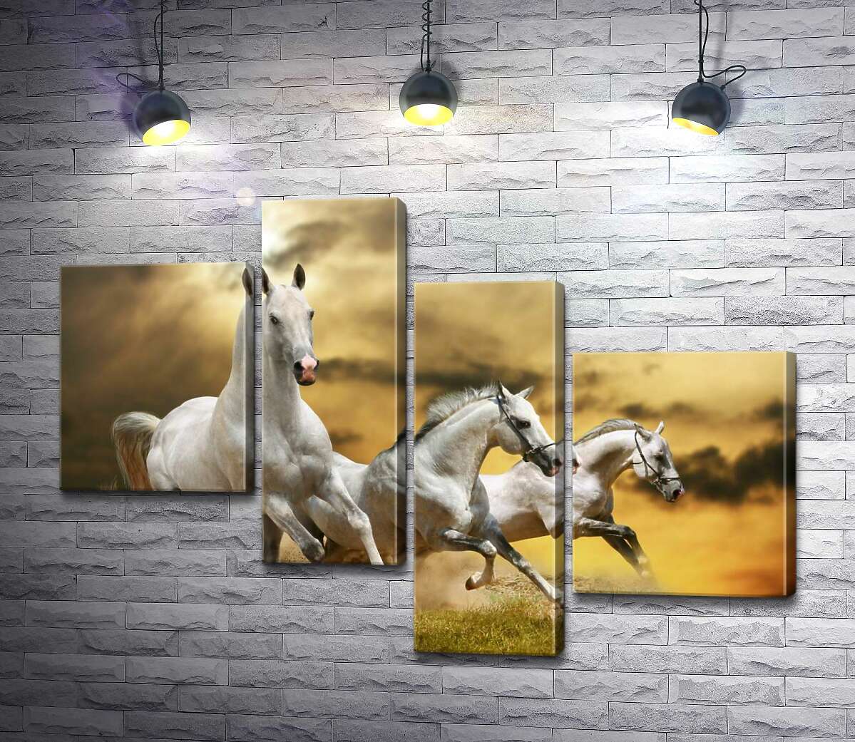

Модульная картина ArtPoster Быстрый галоп трех белых коней 130x94 см Модуль №20