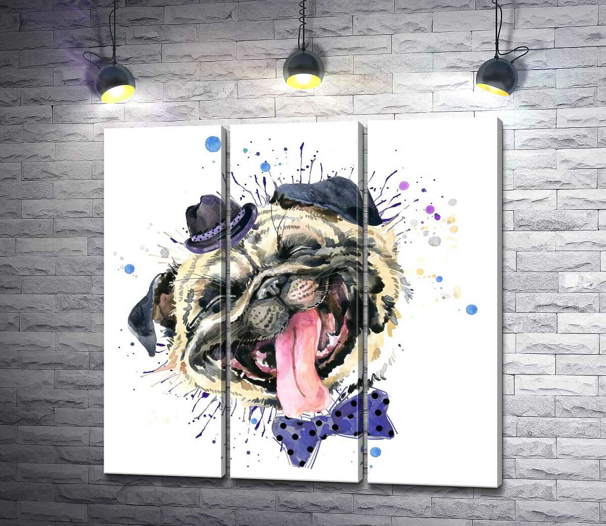 

Модульная картина ArtPoster Веселый мопс с шляпой на голове 132x130 см Модуль №11