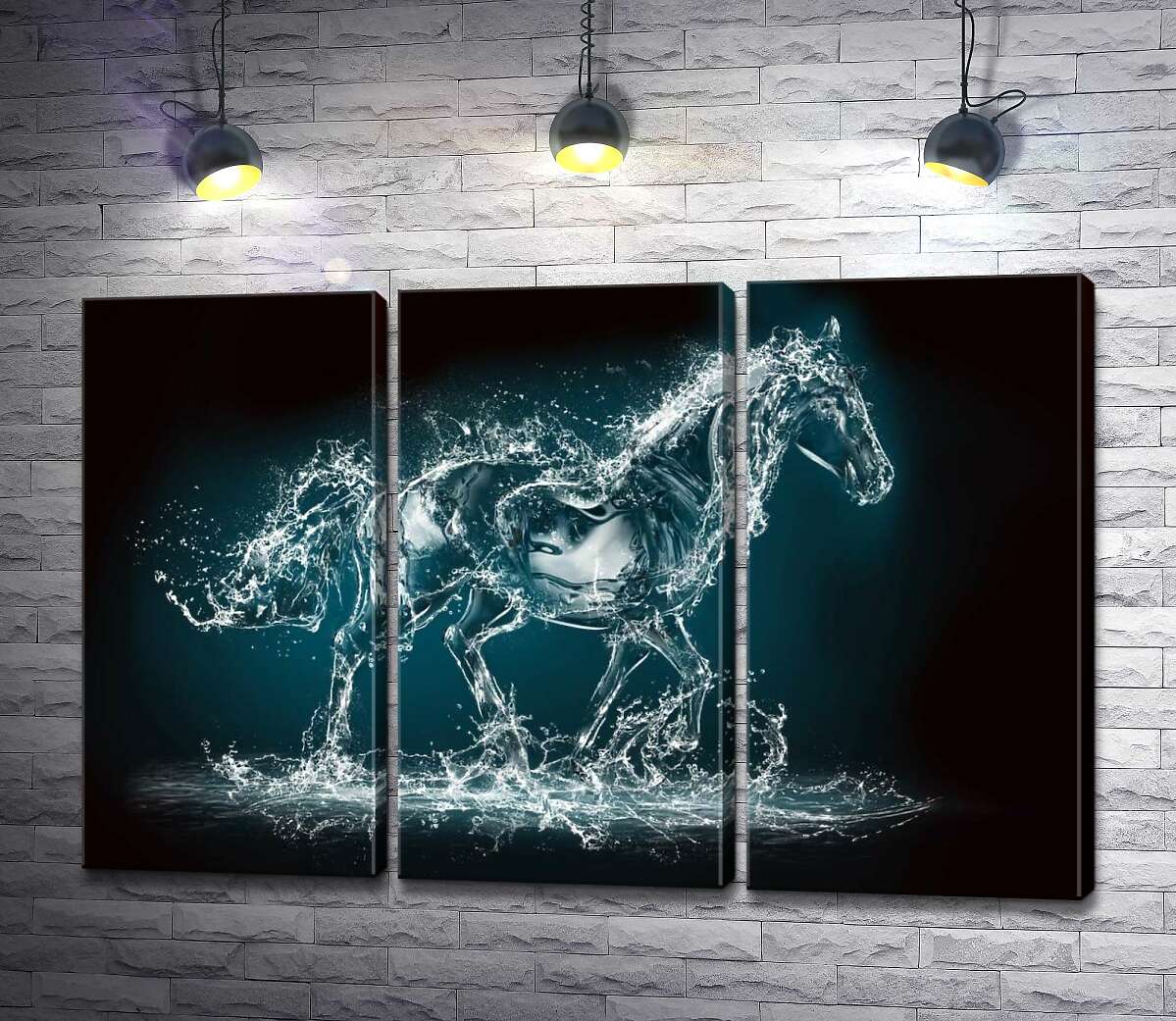 

Модульная картина ArtPoster Блеск капель в голубом силуэте лошади из воды 132x87 см Модуль №11