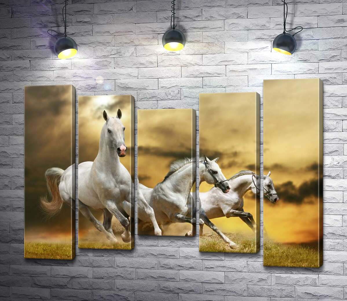 

Модульная картина ArtPoster Быстрый галоп трех белых коней 100x73 см Модуль №28