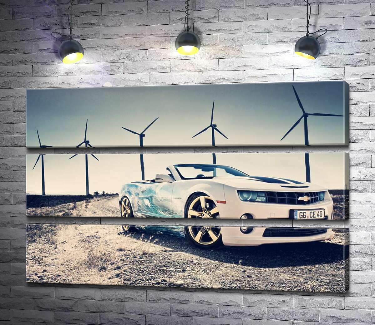 

Модульная картина ArtPoster Белый автомобиль кабриолет Chevrolet Camaro на фоне ветряных электростанций 130x81 см Модуль №13