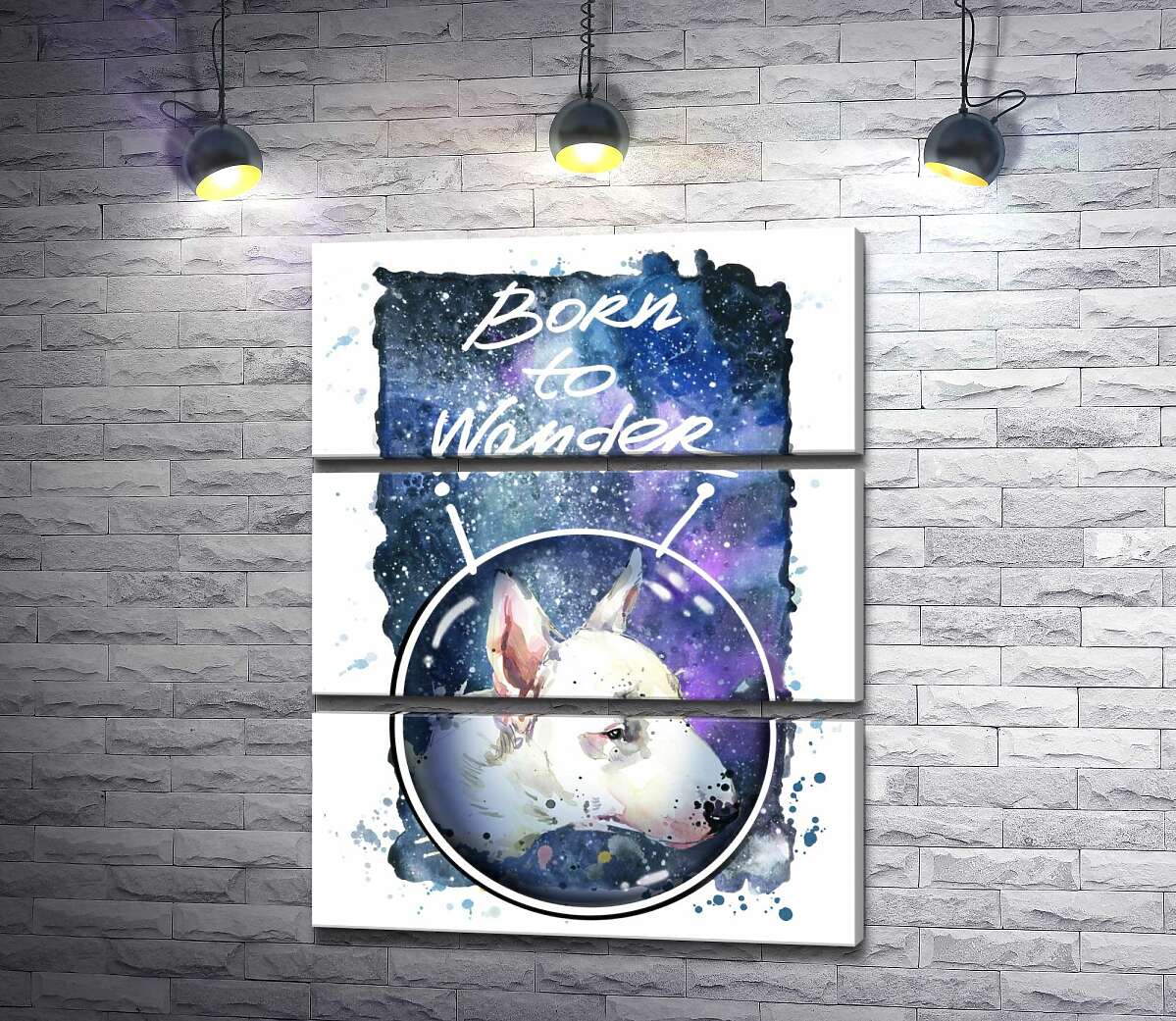 

Модульная картина ArtPoster Белый бультерьер в шлеме космонавта под надписью "born to wander" 100x129 см Модуль №13