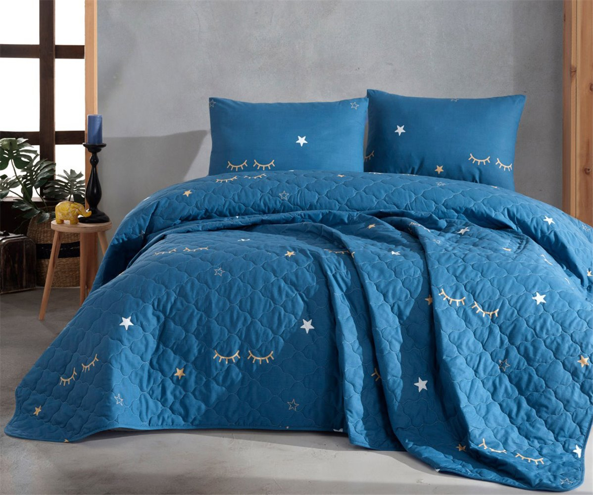 

Покрывало стеганое двустороннее EnLora Home ранфорс Dide Mavi 225х240 с наволочками 50х70