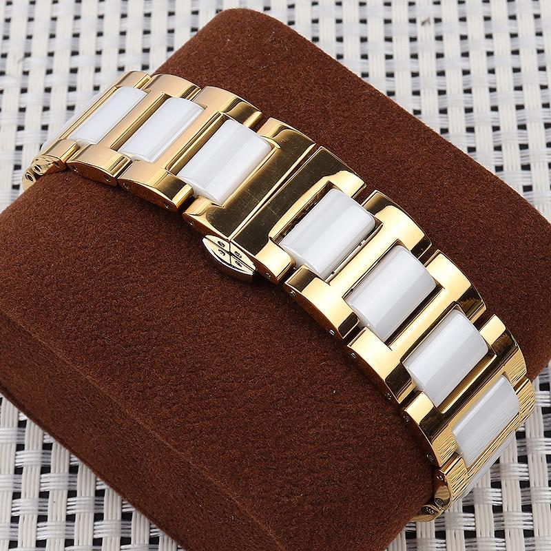 

Браслет для часов из нержавеющей стали с керамическими звеньями, литой, полированный, золотисто-белый. 16 мм