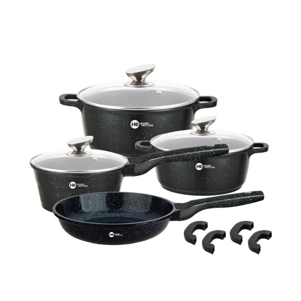 

Набор посуды Higher Kitchen HK-307 (11 предметов) с гранитным покрытием и силиконовыми ручками Черный