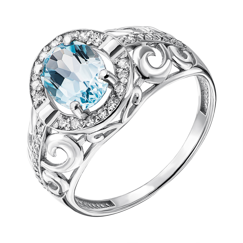 

Серебряное кольцо с голубым топазом и фианитами 000137477 18 размера