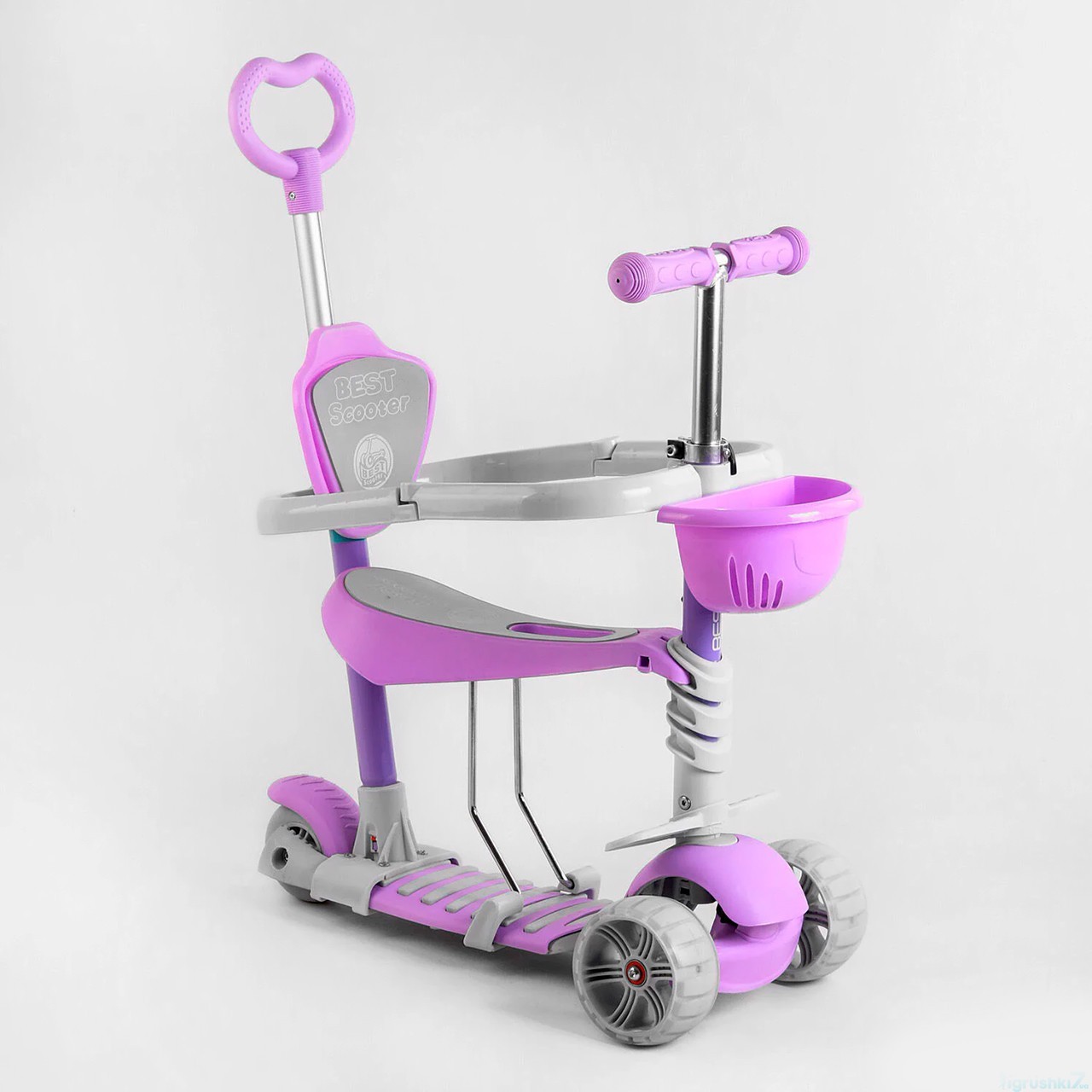 

Самокат 5в1 Best Scooter с родительской ручкой и защитным бортиком, свет колес, лиловый B-4125