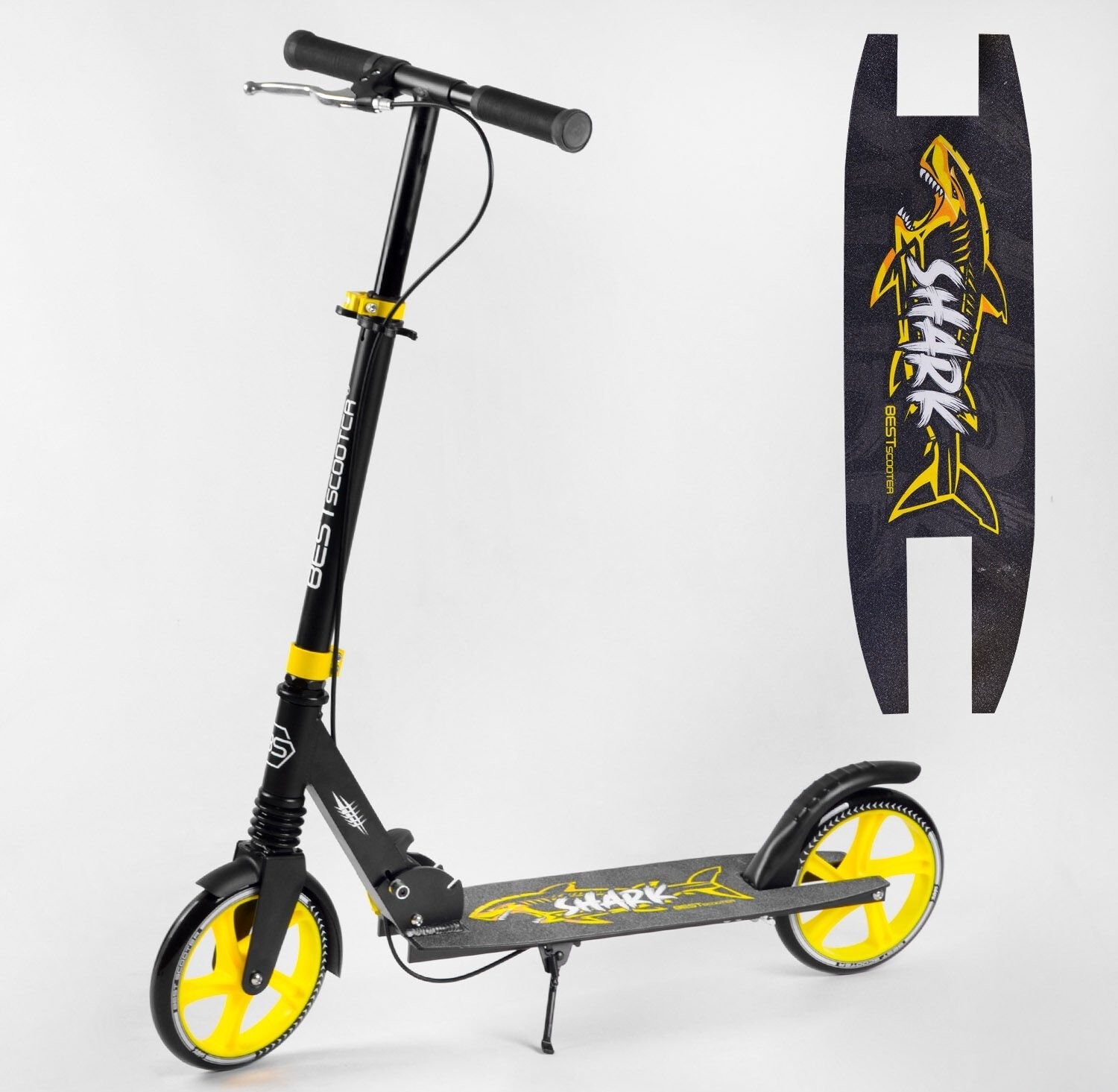 

Самокат двухколесный "Best Scooter"20787 "SHARK", с ручным тормозом, зажим руля, колеса PU - 20 см, 1 амортизатор, в коробке