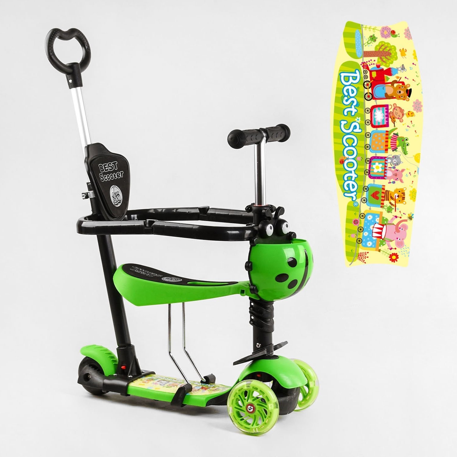 

Детский трехколесный самокат с сидением, родительской ручкой и бампером Best Scooter, свет колес, зеленый (47007)
