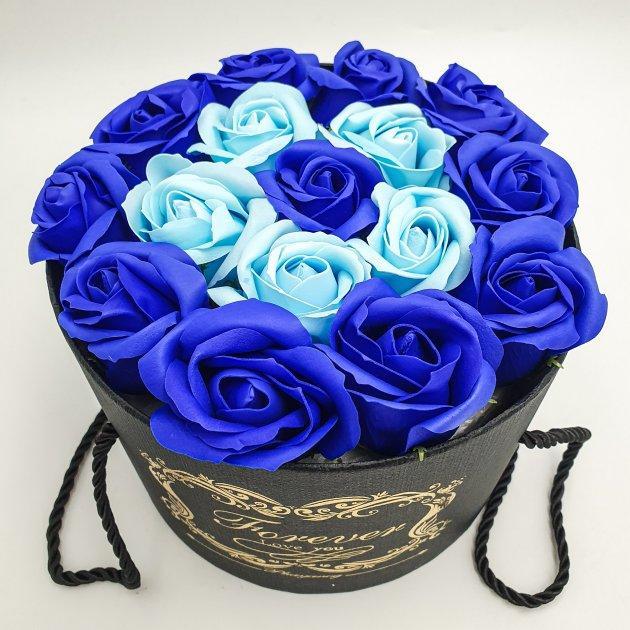 

Подарочный набор розы из мыла Forever I love you в шляпной круглой коробке с ручками 14х19 см, 16 шт Синий