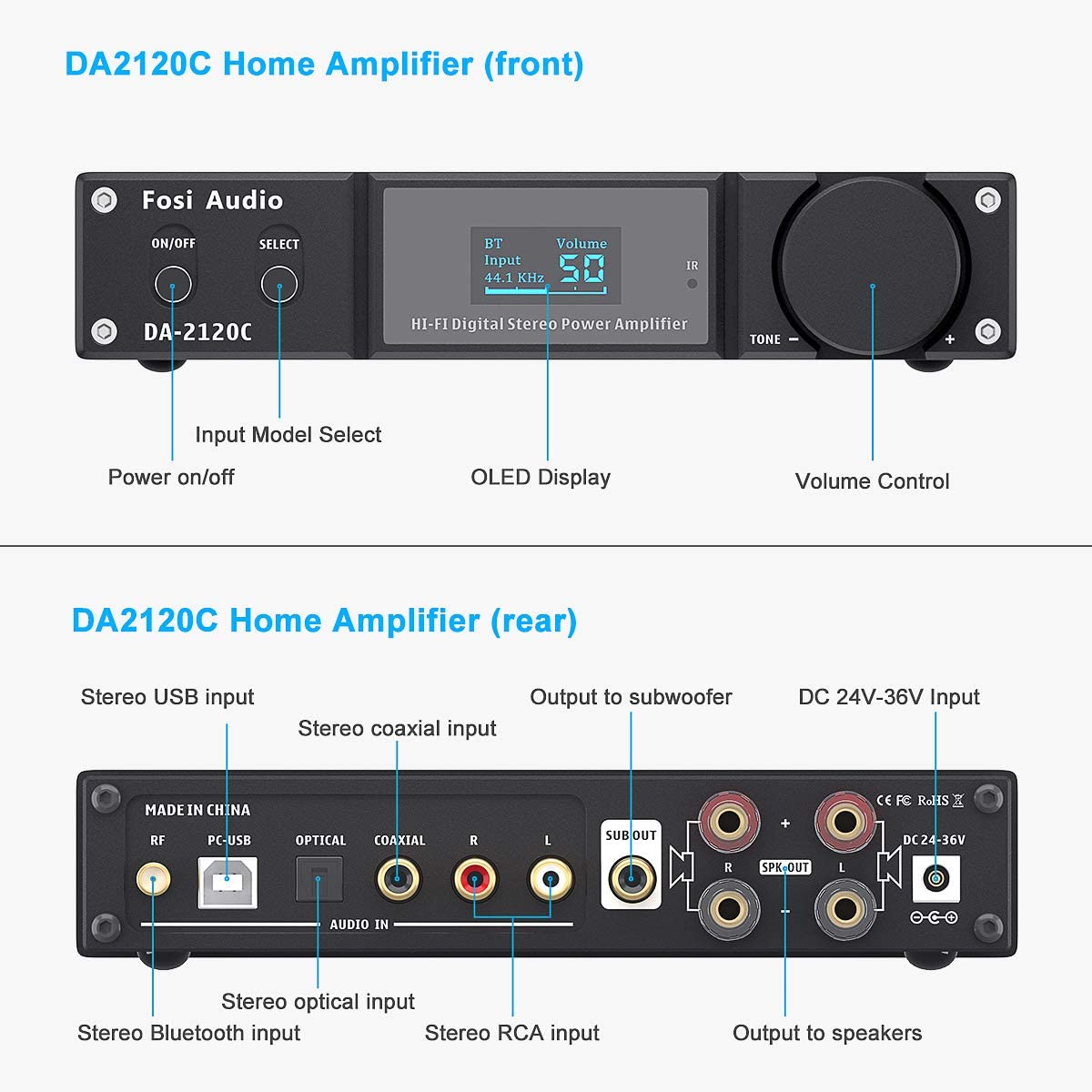 Підсилювач звуку Fosi Audio DA2120C Bluetooth 5.0, 2x120W Black