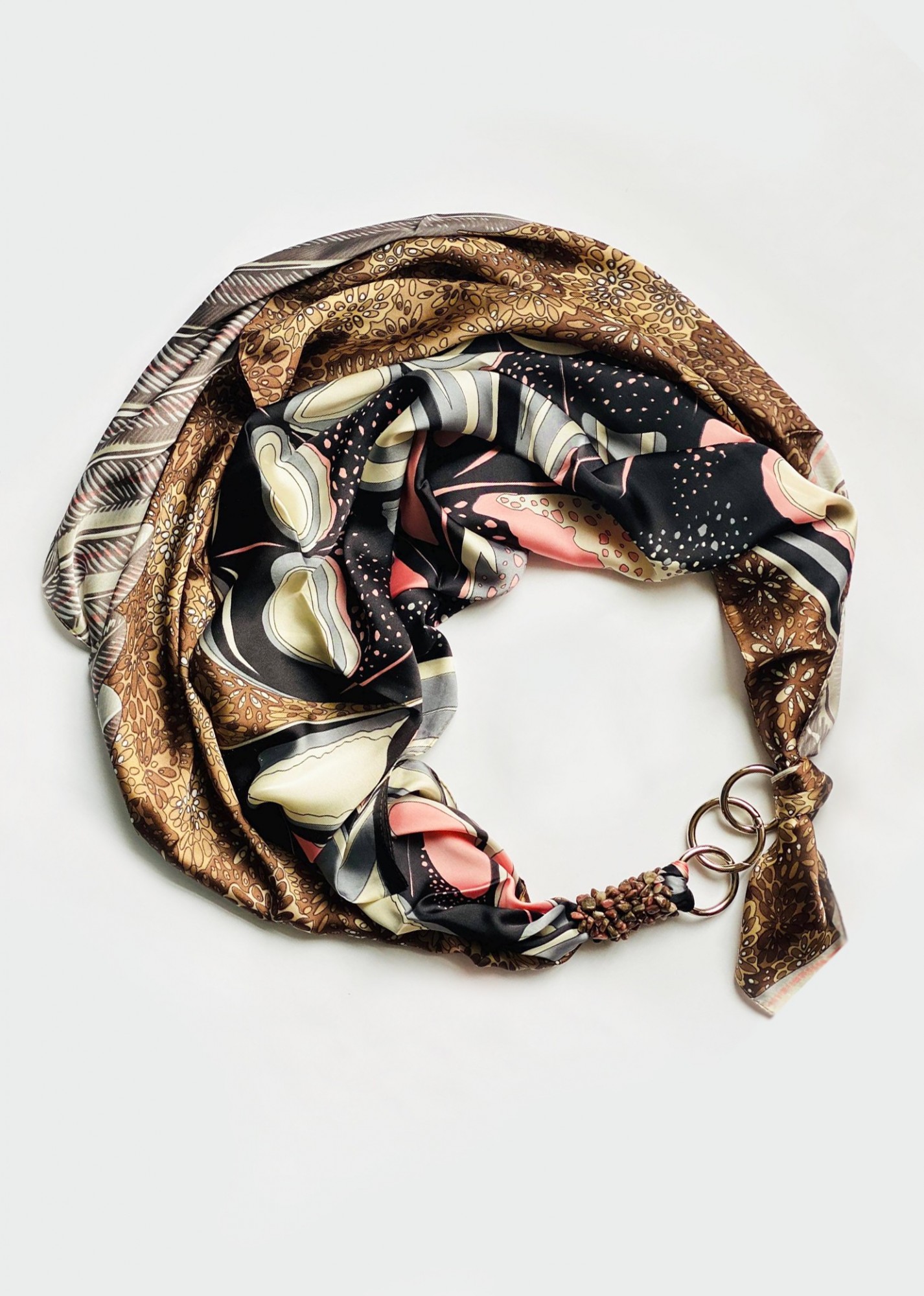 

Шелковый платок "Шоколадная страсть" My Scarf, шейный платок, подарок женщине, украшен родонитом.