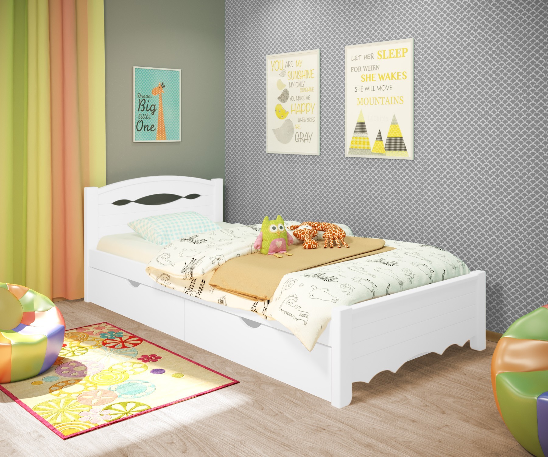 

Кровать односпальная RainbowDream Новус 80х190 см белый массив ольхи, с ящиками