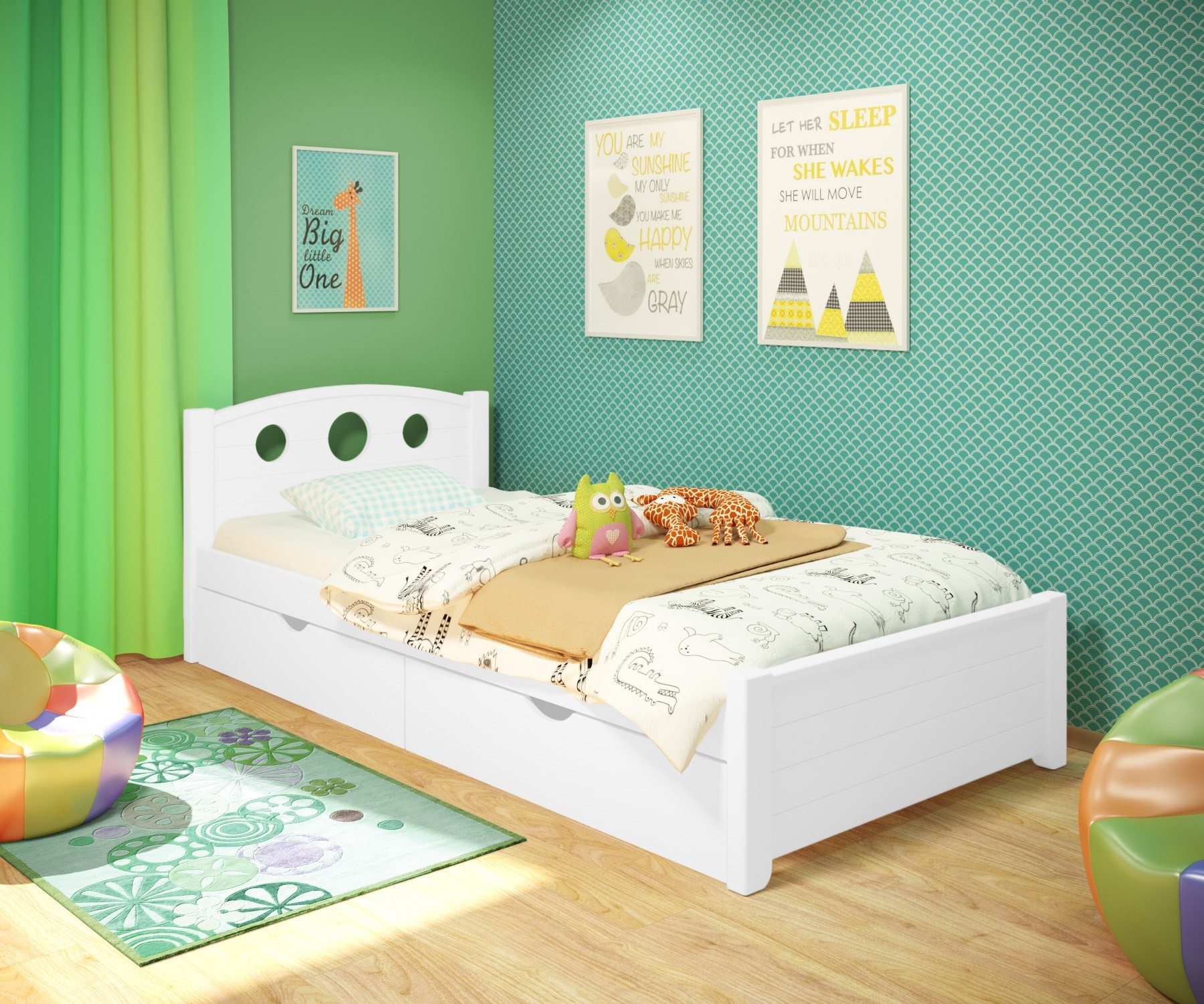 

Кровать односпальная RainbowDream Окки 80х200 см белый массив ольхи, с ящиками