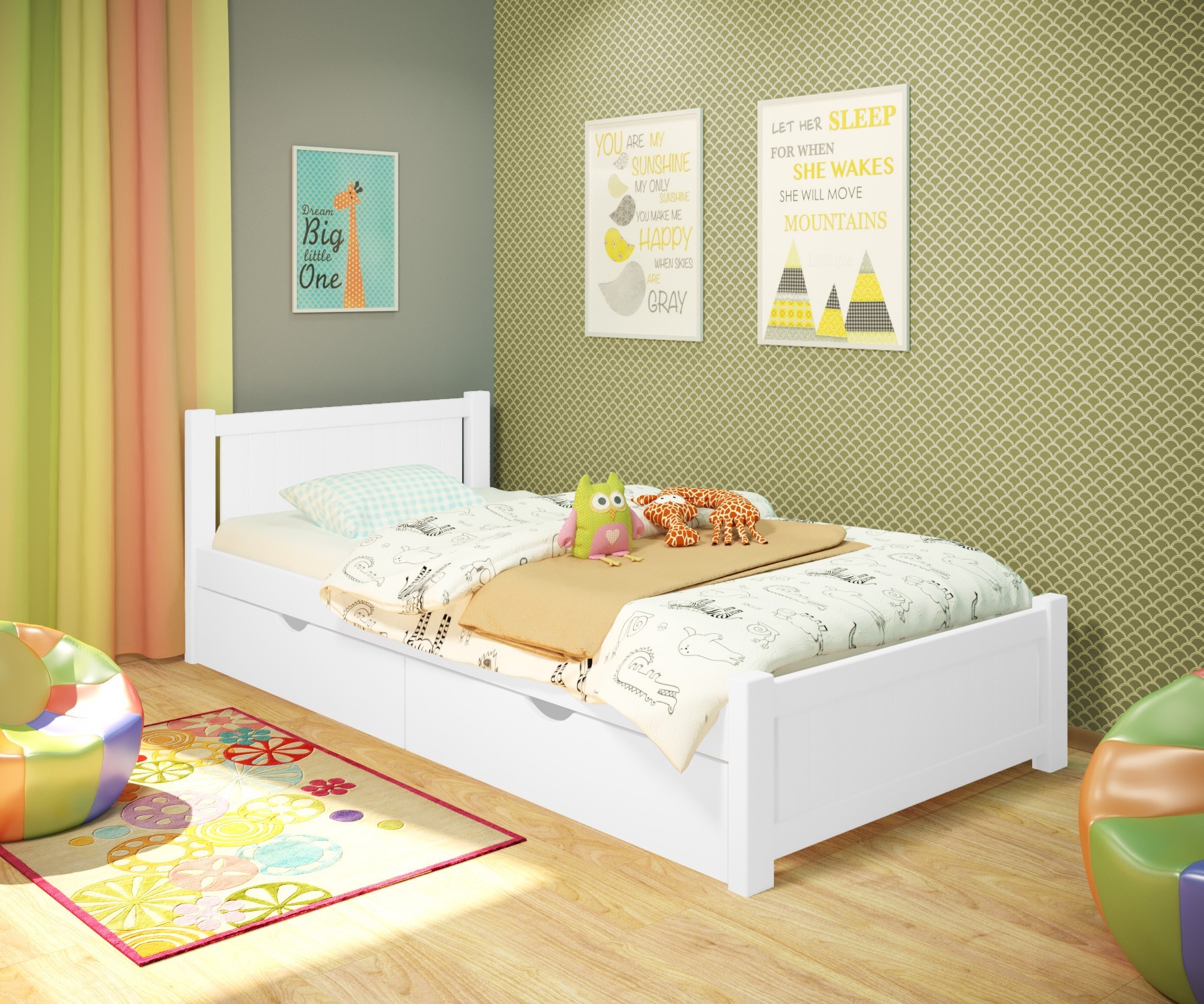 

Кровать односпальная RainbowDream Лимонти 80х190 см белый массив ольхи, с ящиками