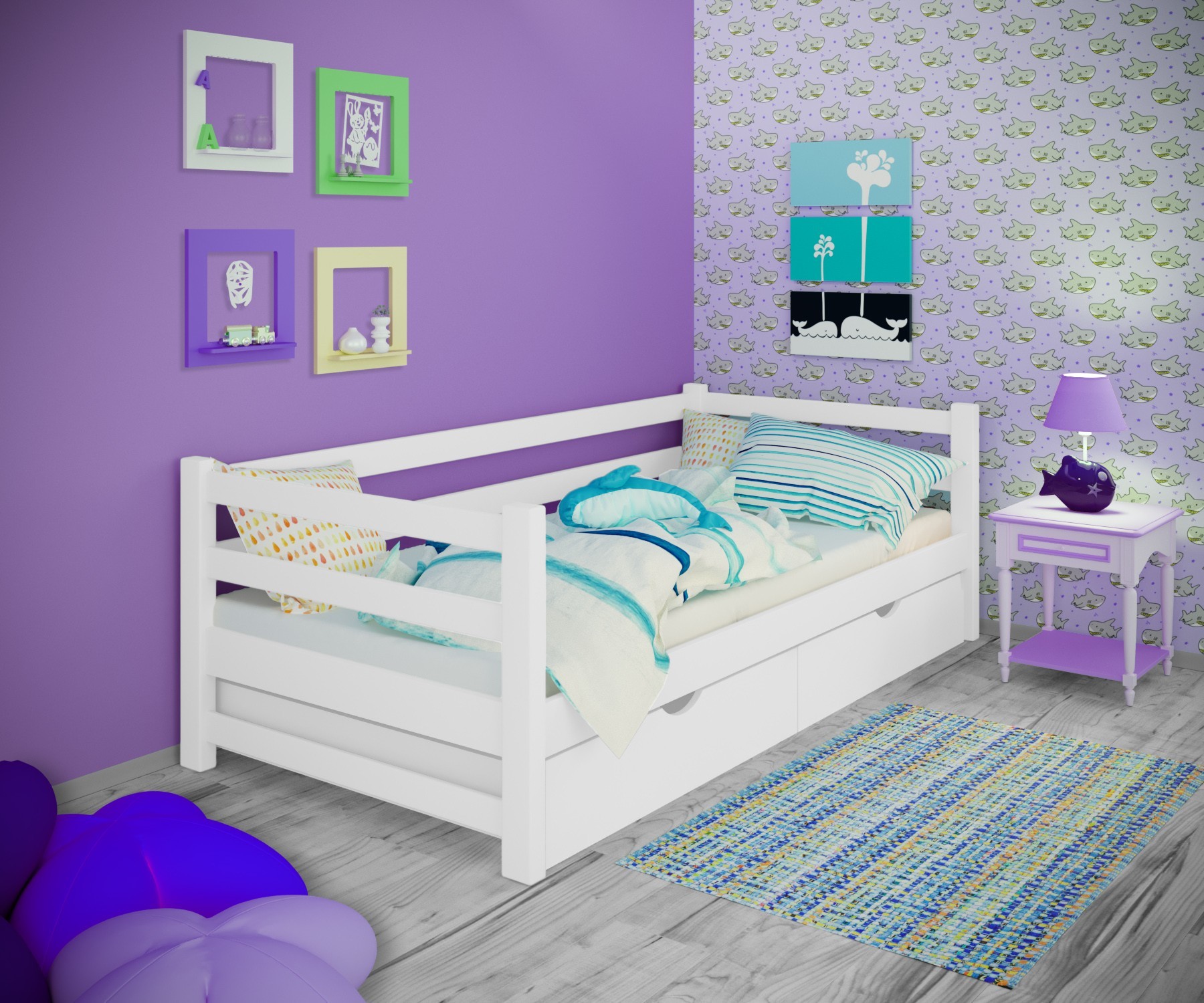 

Кровать односпальная тахта RainbowDream Лентори 80х200 см белый массив ольхи, с ящиками