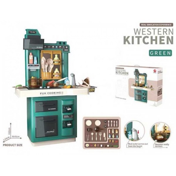 

Игровая кухня детская 858 А(БФ/2), на батарейках, подсветка, звук, пар, помповая накачка воды, продукты, Зеленый