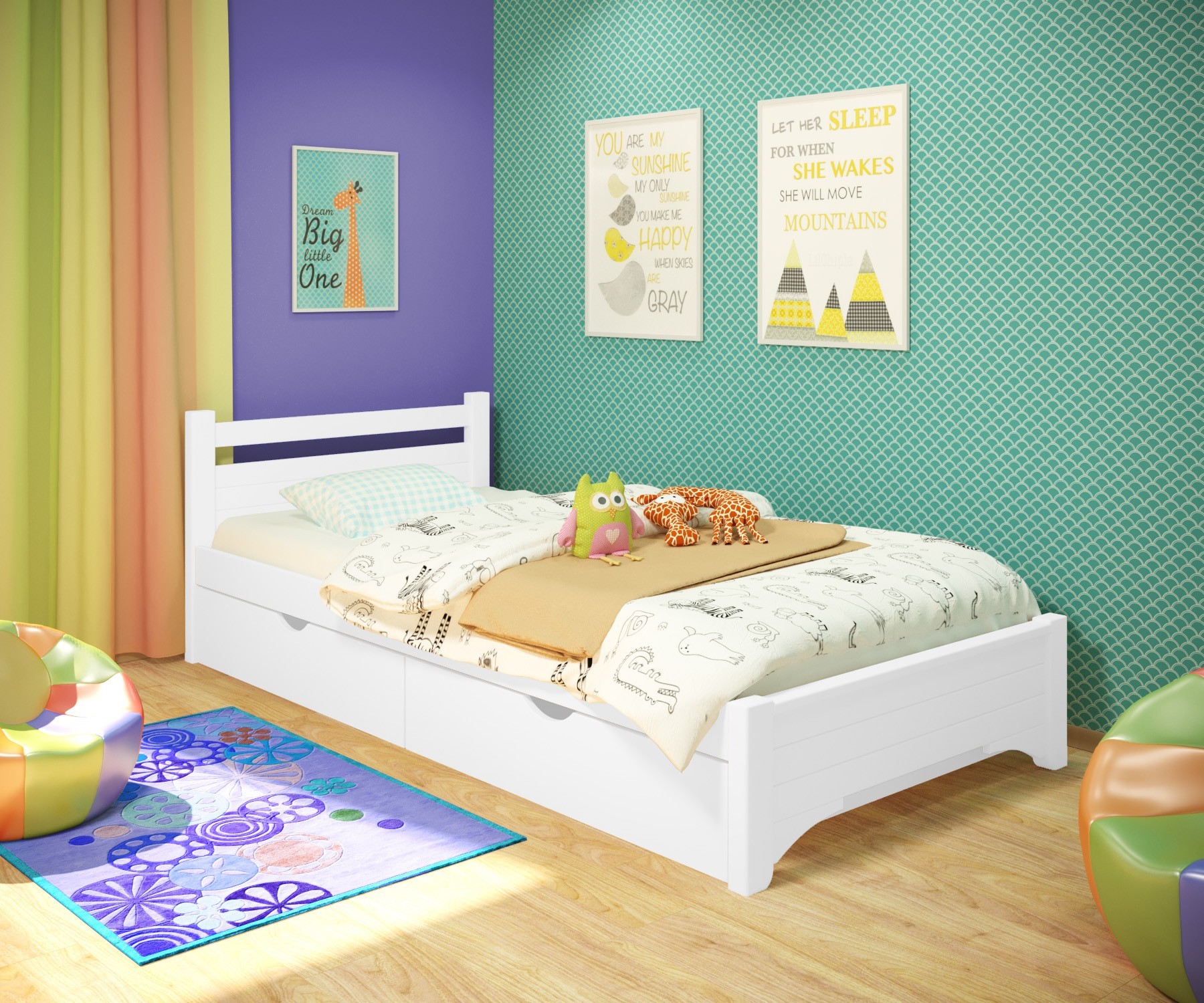 

Кровать односпальная RainbowDream Дюпон 80х200 см белый массив ольхи, с ящиками