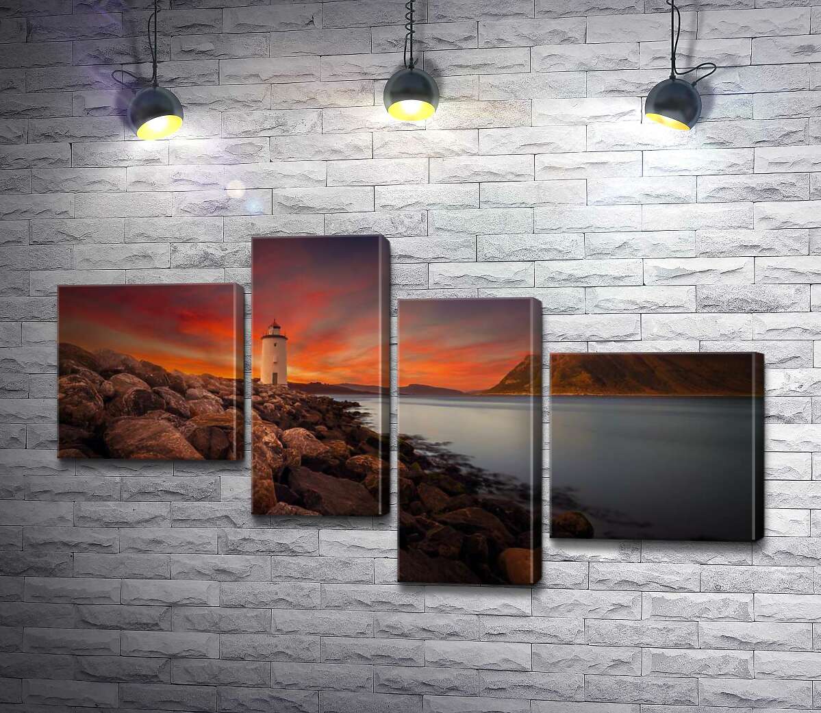 

Модульная картина ArtPoster Белый силуэт маяка на каменистом берегу в облаках розовых перьев туч 130x75 см Модуль №20