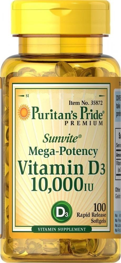 

Витамины Puritans Pride Vitamin D-3 250mcg 10 000 IU Sunvite Mega-Potency 100 Caplets