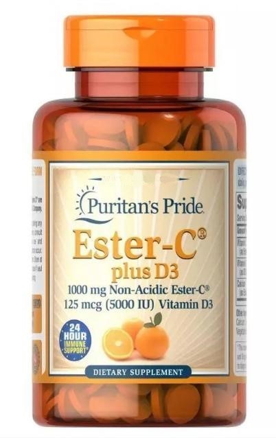 

Витамины Puritans Pride Vitamin C-1000 mg Ester-C Plus Vitamin D-3 125mcg 5000 IU 60 Tablets