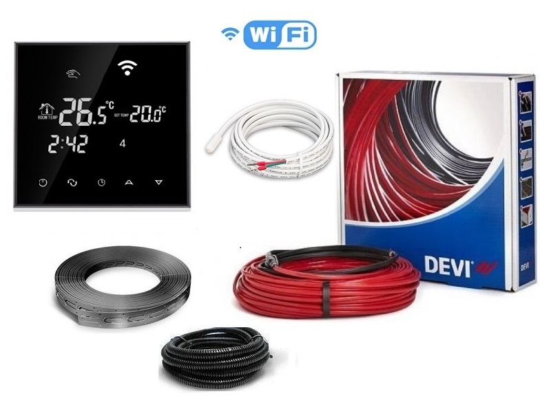 

Теплый пол DEVIflexTM 18T двухжильный нагревательный кабель 10 м, 180 Вт c программируемым сенсорным WiFi Black терморегулятором в комплекте (VIT0005)