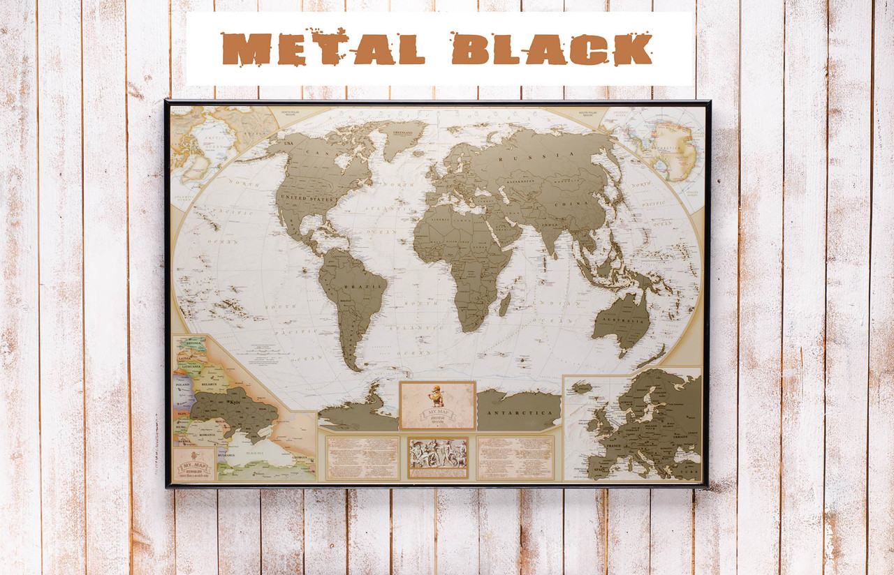 

Античная скретч карта мира на англ. языке в металлической раме Black