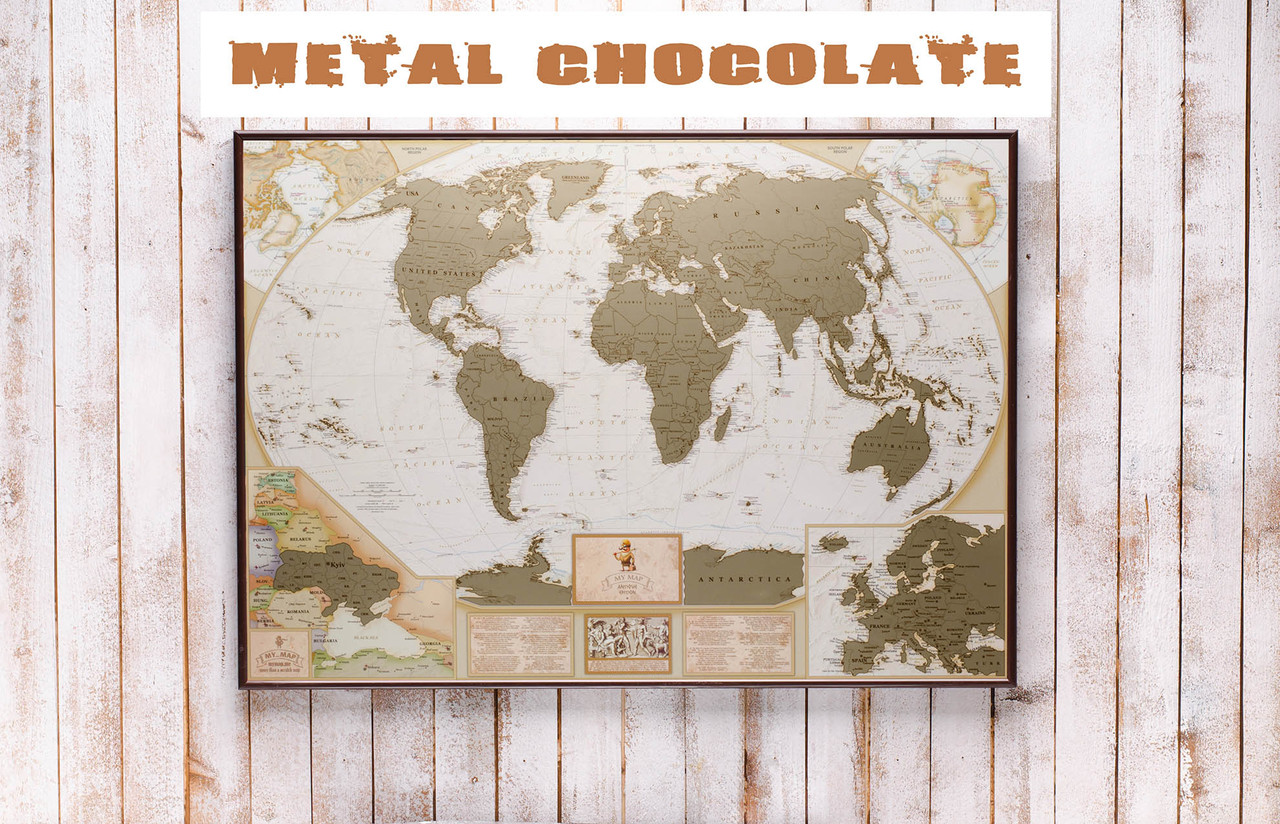 

Античная скретч карта мира на англ. языке в металлической раме Chocolate