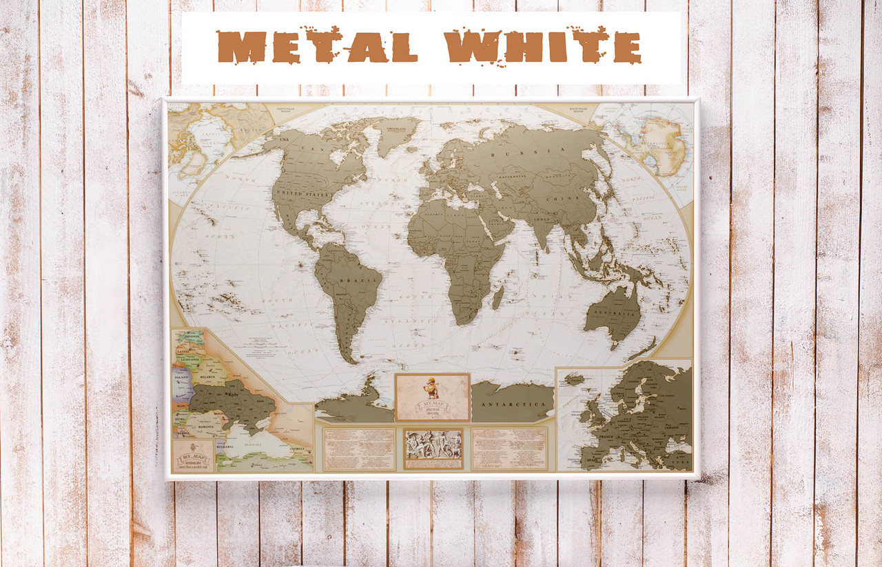 

Античная скретч карта мира на англ. языке в металлической раме White