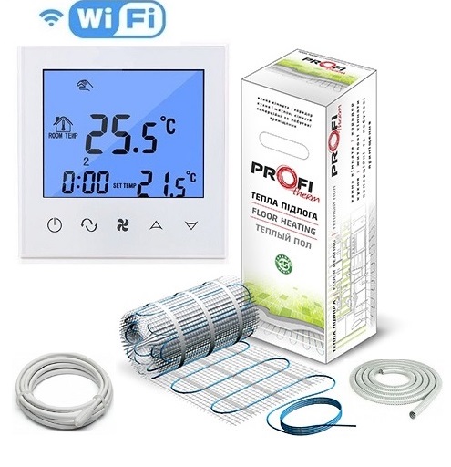 

Теплый пол Profi Therm нагревательный двухжильный мат 150/450Ват/3 м2 в комплекте с Wi-Fi терморегулятором (T0044562)