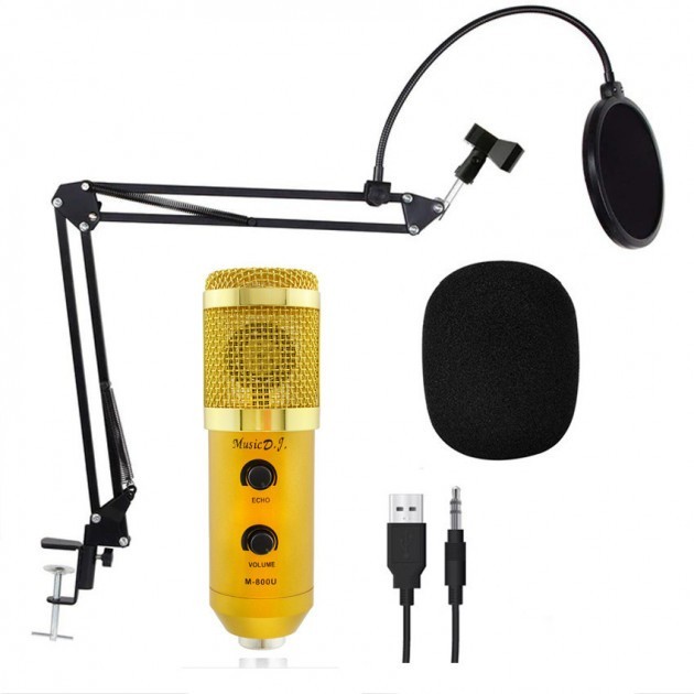 

Микрофон студийный конденсаторный Music D.J. M 800U со стойкой и ветрозащитой Золотой