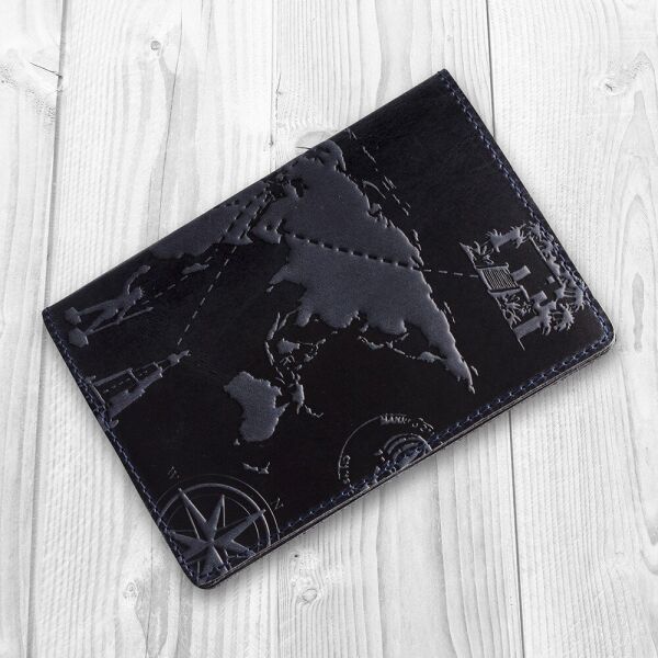 

Обложка для паспорта из кожи HiArt PC-01 Shabby Ink 7 wonders of the world Темно-синий