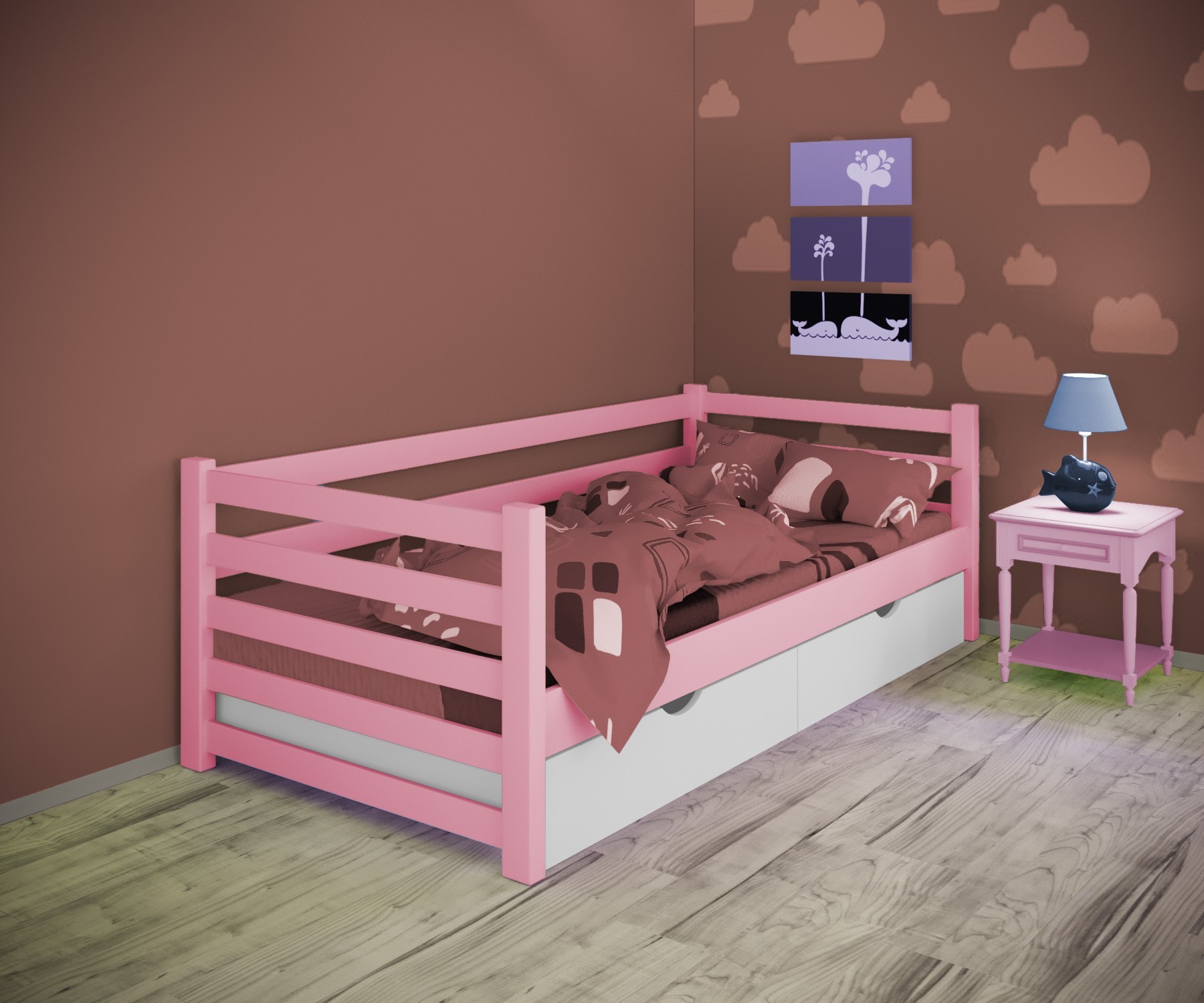 

Кровать односпальная тахта RainbowDream Ламия 80х200 см розовый массив ольхи, с ящиками
